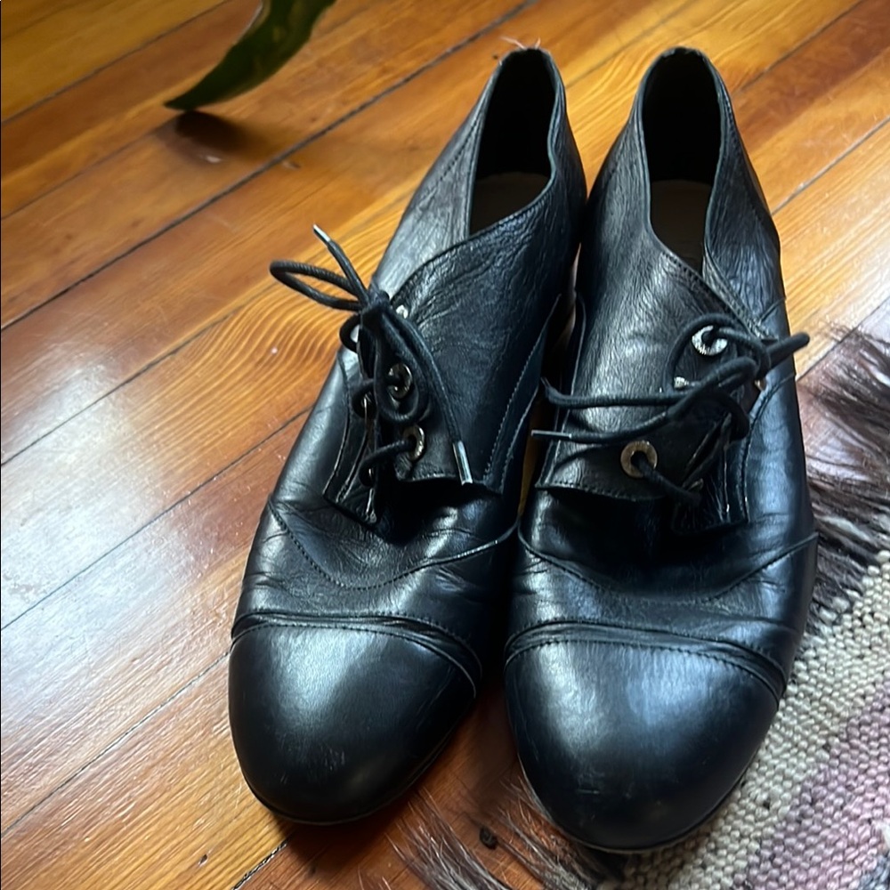 CHANEL black leather Oxford shoes size 42/US 12